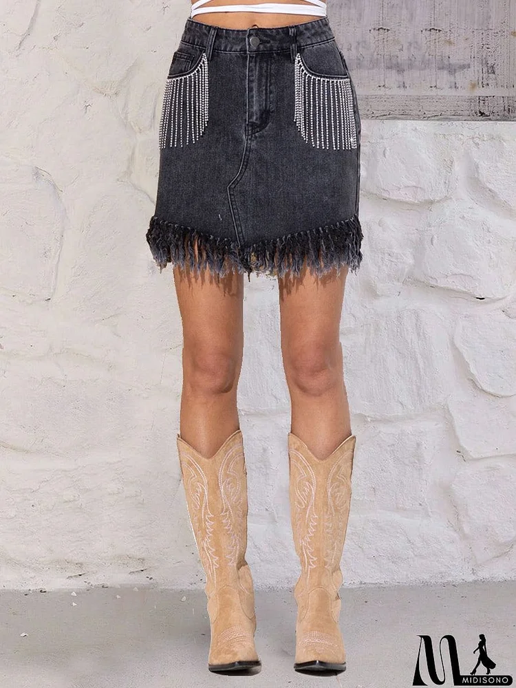 Rhinestone Fringe Denim Skirt