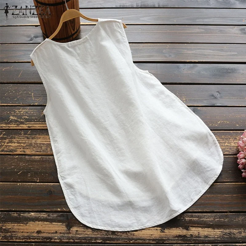 2022 ZANZEA Summer Tanks Top Women Vintage Sleeveless Shirt Tunic Casual Cotton Linen Top Female Solid Camis Mujer Femme Chemise
