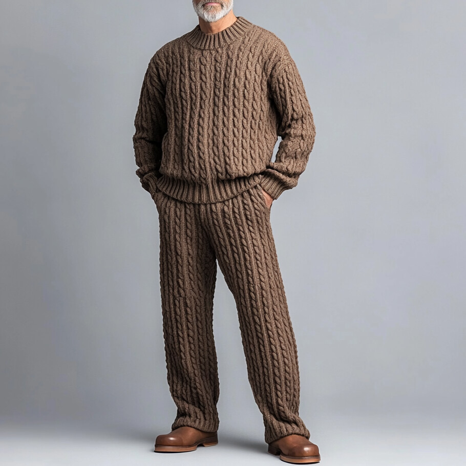 Men's Casual Cable Knit Sweater & Pants 2Pcs Set