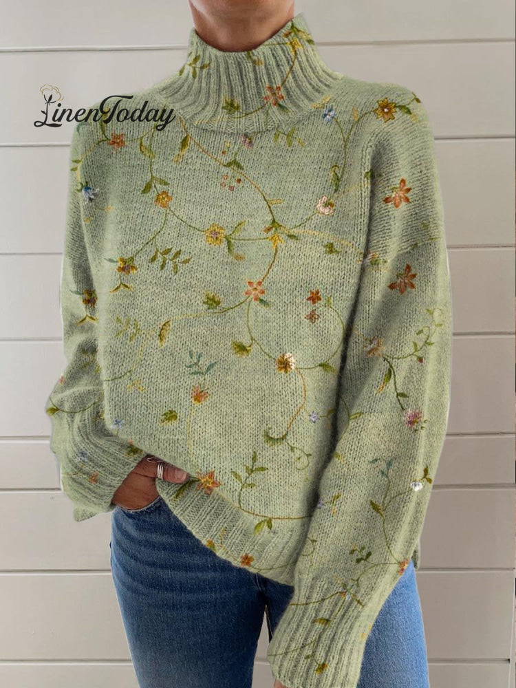 Women’s Lovely Floral Art Print Knit Turtleneck Pullover Sweater Green / S