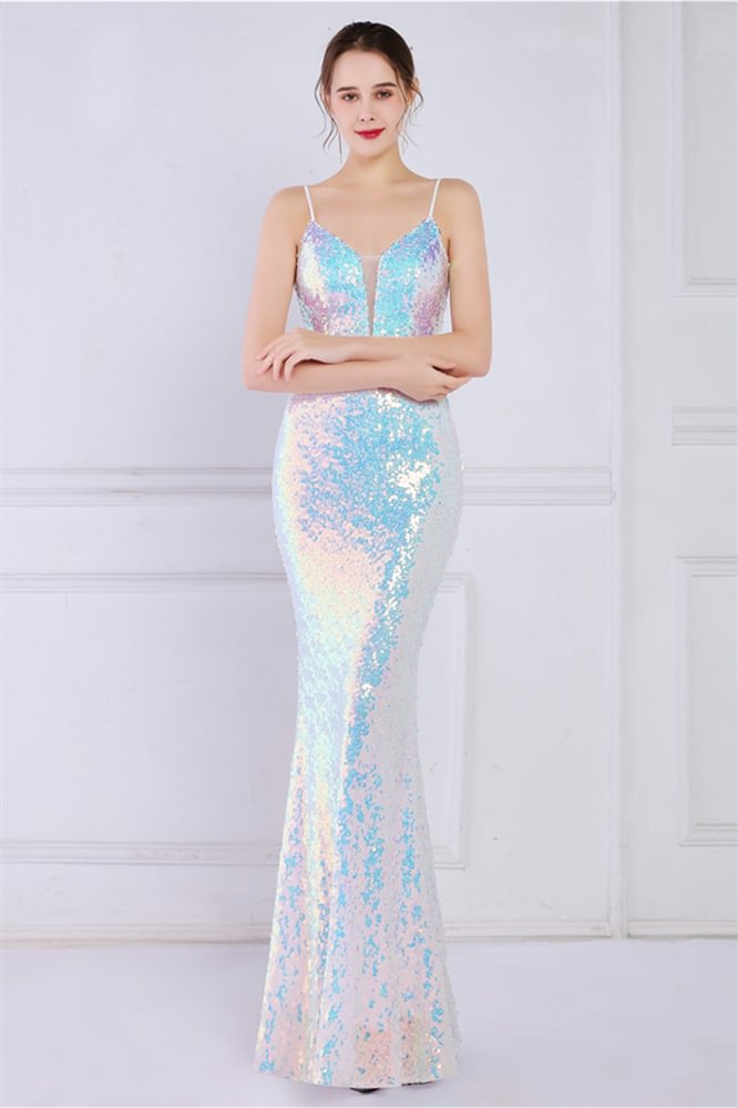 Luluslly Spaghetti-Straps Sleeveless Sequins Evening Gown Mermaid Long YE0070
