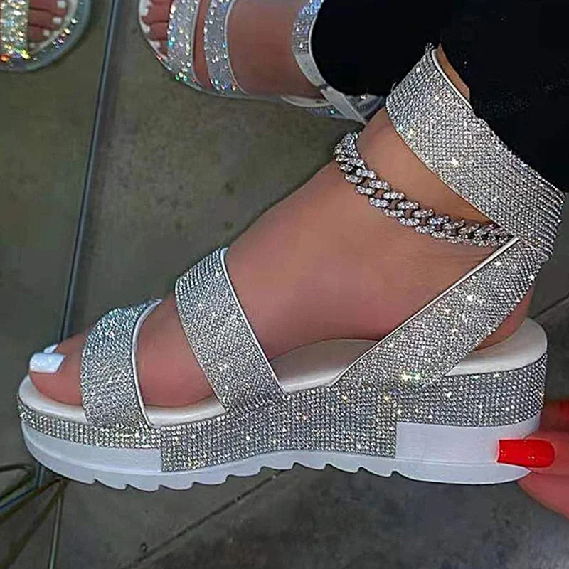 Back to college 2022 Women's Bling Glitter Sandals Female Ankle Buckle Flat Platform Ladies Non Slip Outdoor Shoes Woman Beach Footwear Big Size