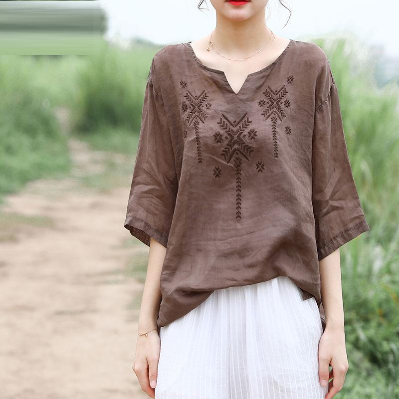 Women Half Sleeve Loose V-neck Embroidery Cotton Linen Shirts