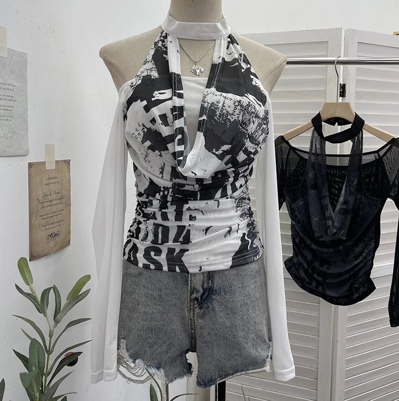 Nigikala Nigikala Hottie Hanging Neck A Word Shoulder Collar Long Sleeve Mesh Yarn T-Shirt 1331