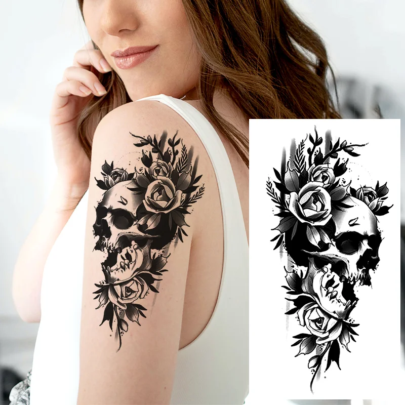Sdrawing Forest Tattoo Sticker for Men Women Tiger Wolf Death Skull Temporary Tattoo Fake Henna Skeleton King Animal Tatoo Pattern