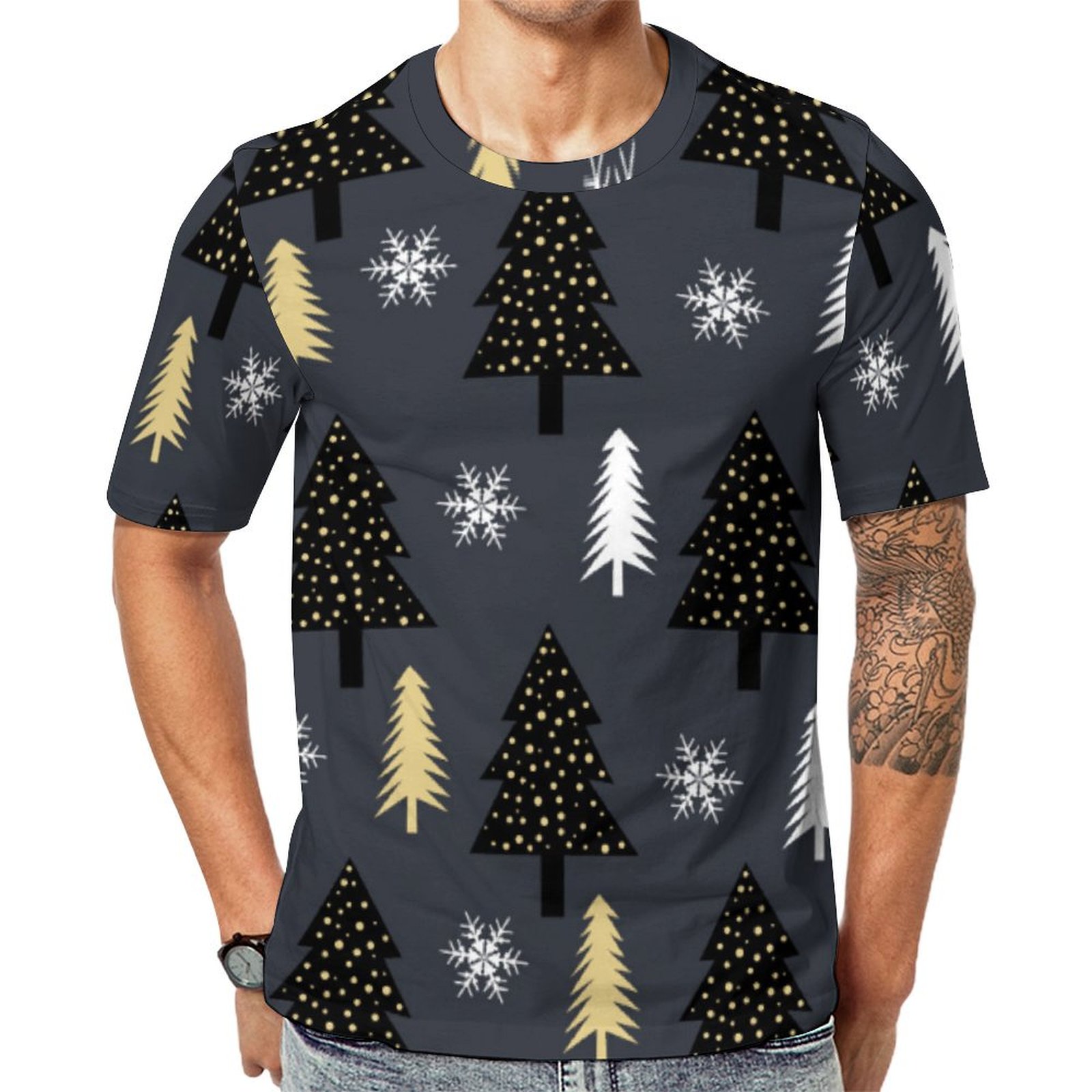 Merry Christmas Festive Trees Snowflakes  Short Sleeve Print Unisex Tshirt Summer Casual Tees for Men and Women Coolcoshirts