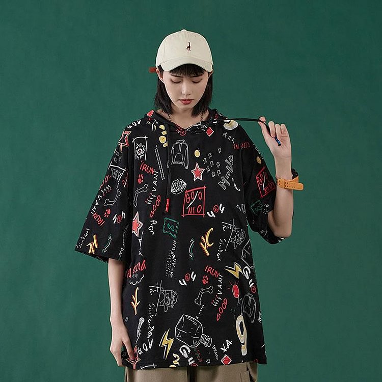 Cartoon Graffiti Hooded Loose T-Shirt - Modakawa Modakawa