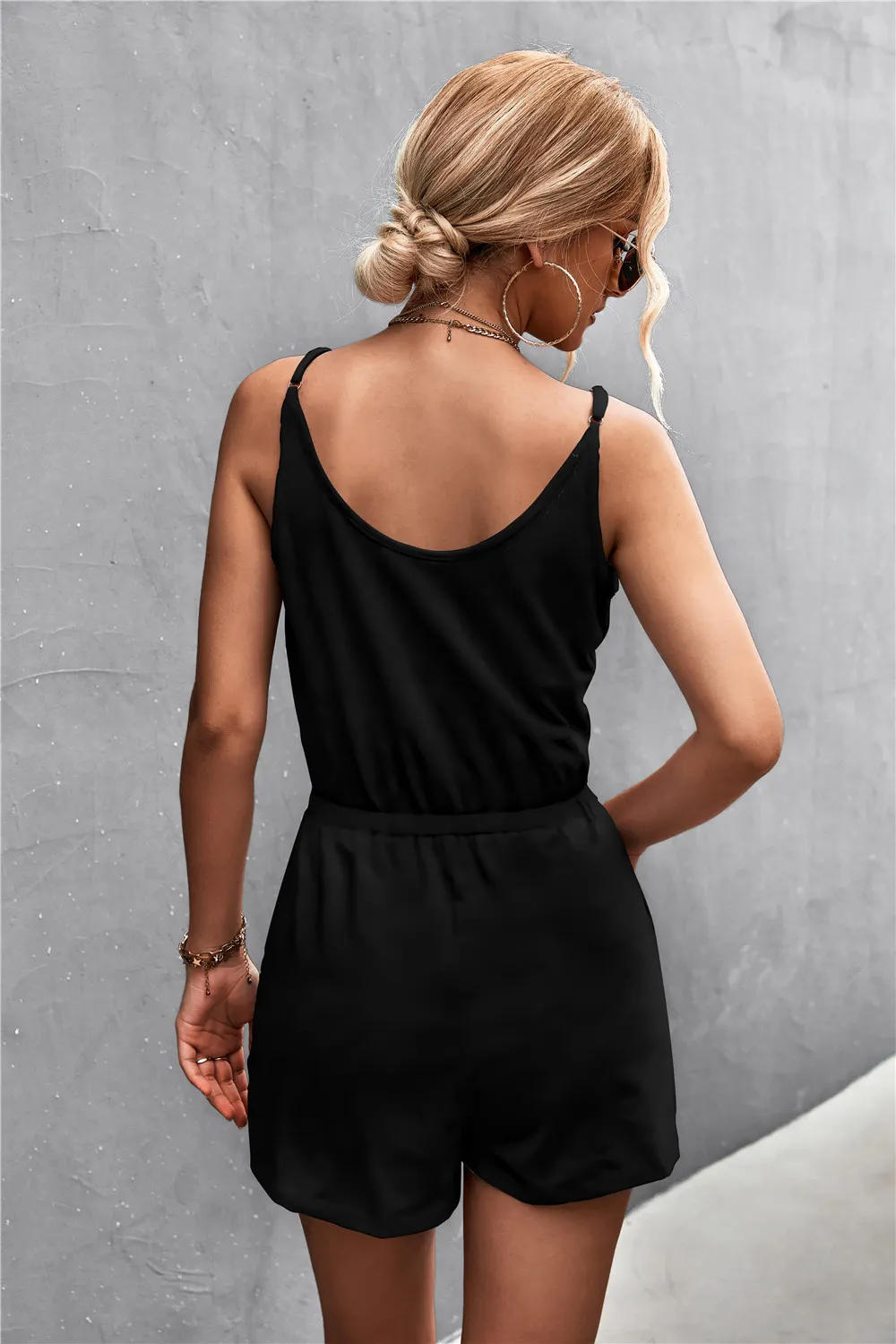 Women's V Neck Spaghetti Strap Drawstring Waist Romper