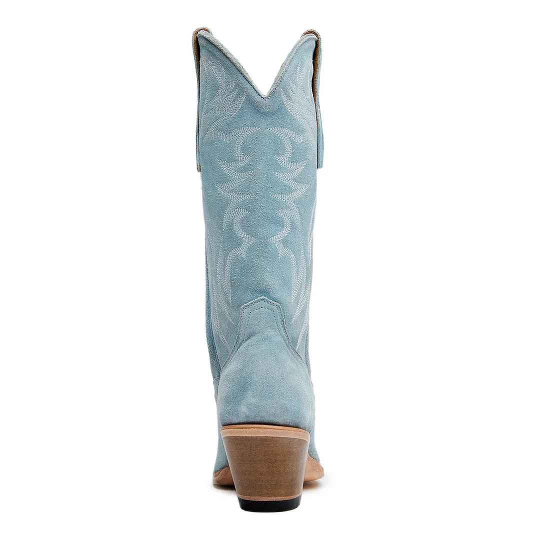Light Blue Vegan Suede Chunky Heel Embroidered Cowboy Boots for Women