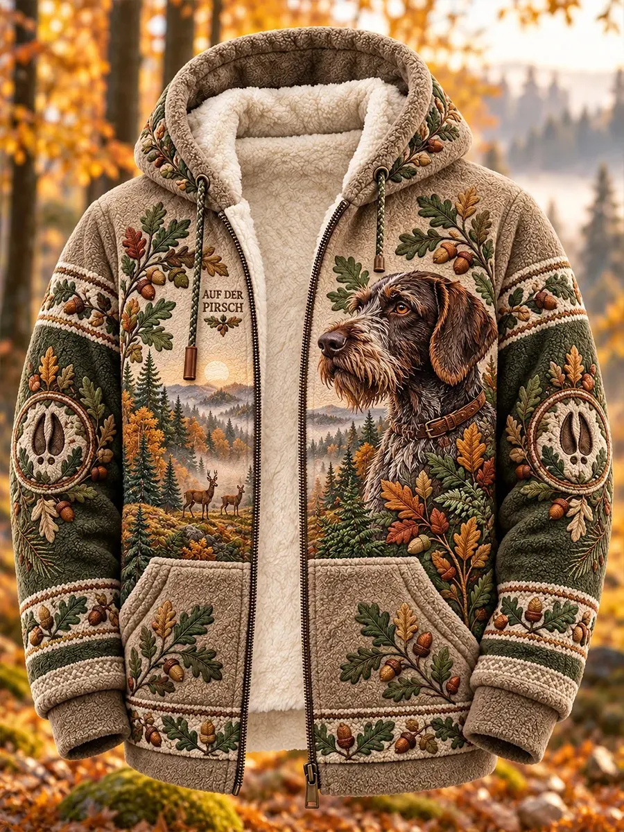 Men's Hunting Season Hound Deer Forest Scenery Print Hooded Jacket