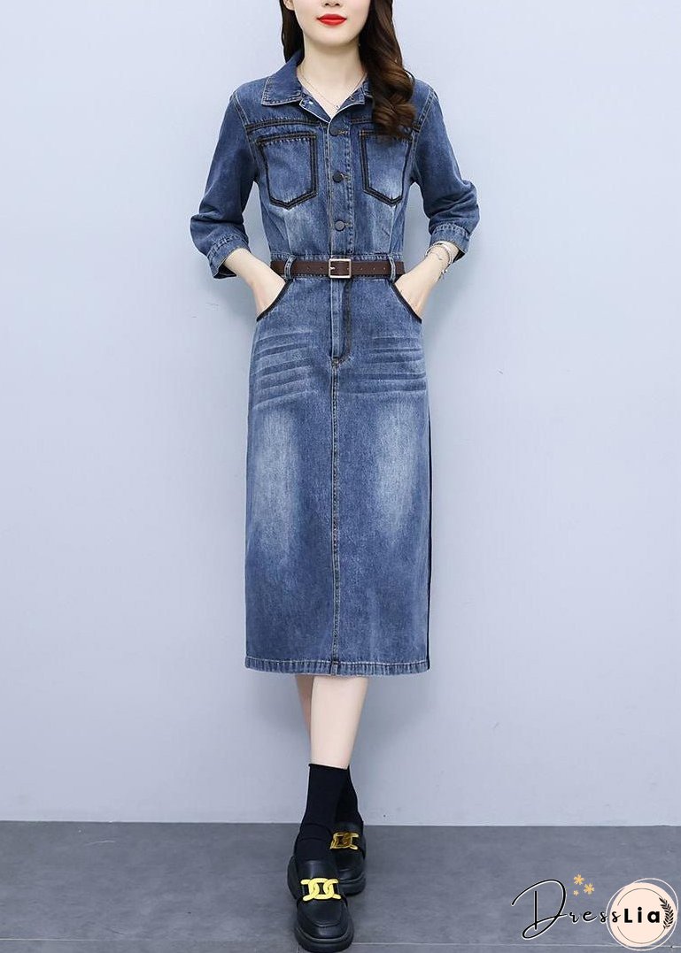 Slim Fit Blue Peter Pan Collar Patchwork Sashes Denim Maxi Dresses Bracelet Sleeve