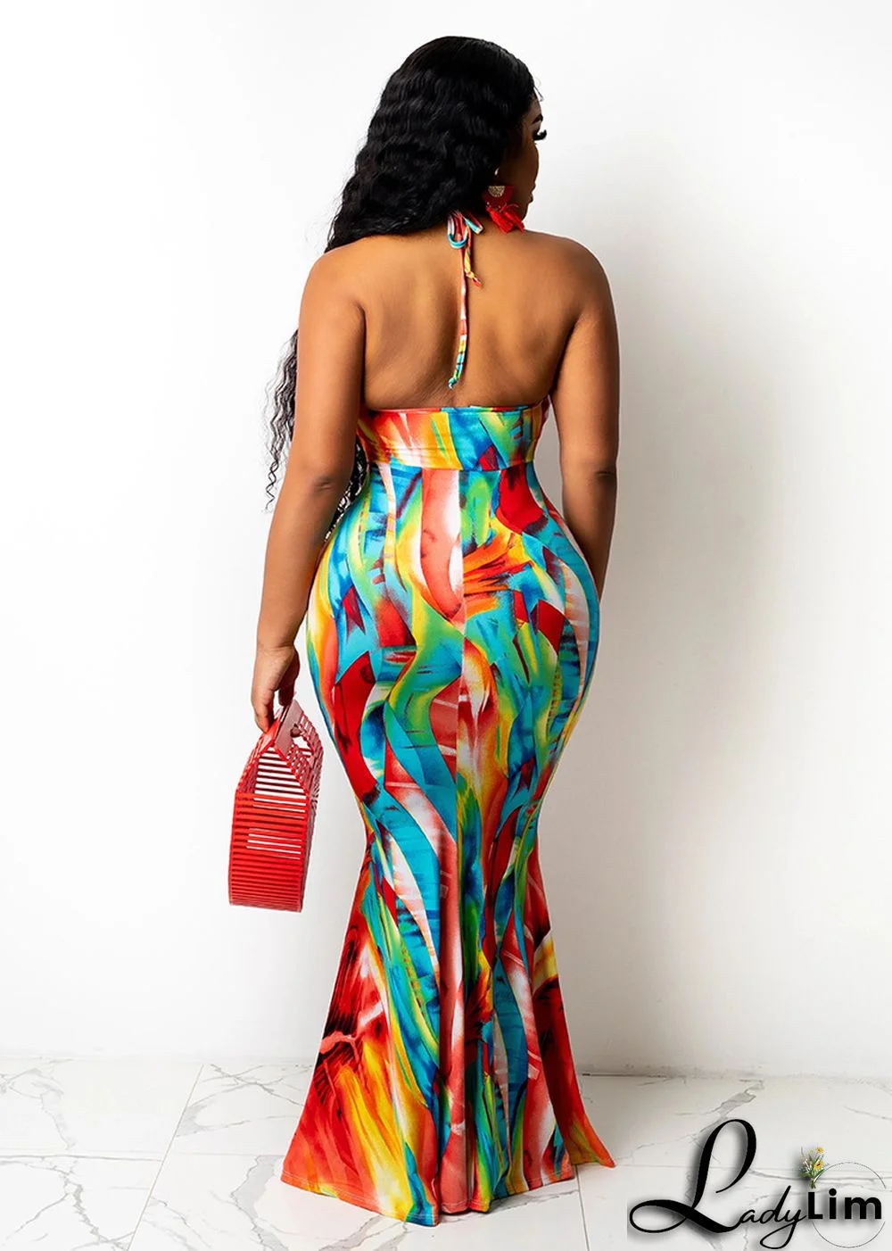 Fashion Sexy Print Halter Lace-Up One Piece Maxi Dress