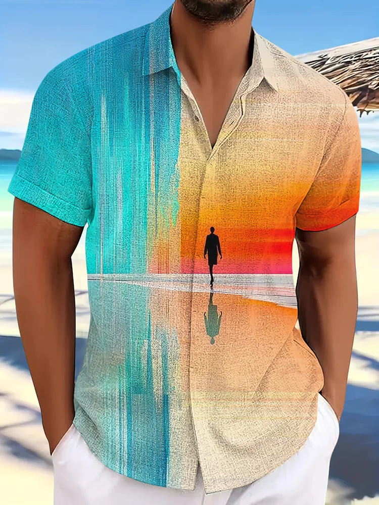 Men's Gradient Hawaiian Beach Walk Print Casual Shirt