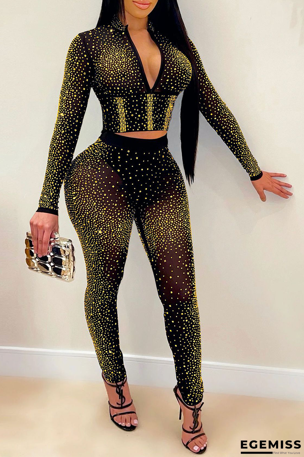 Gold Sexy Hot Drilling Patchwork V Neck Long Sleeve Two Pieces | EGEMISS