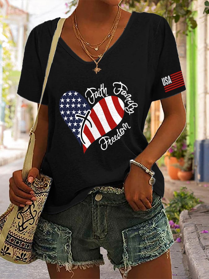 Women's Faith Family Freedom Print Casual T-Shirt