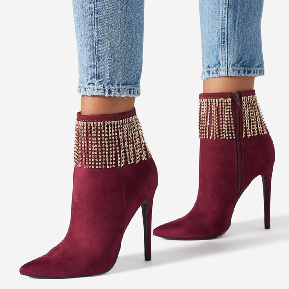 Maroon Vegan Suede Closed Toe Stiletto Heel Rhinestone Boots Nicepairs