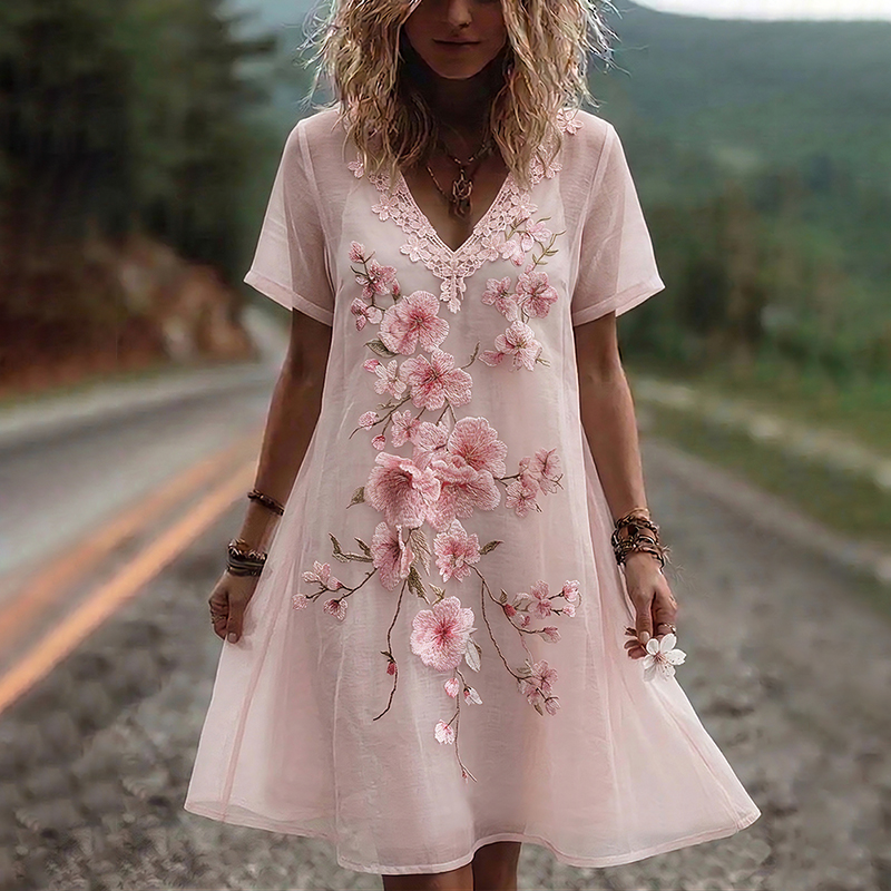 Women's Retro Pink Floral Art Short Sleeve Mini Dress elevenforest