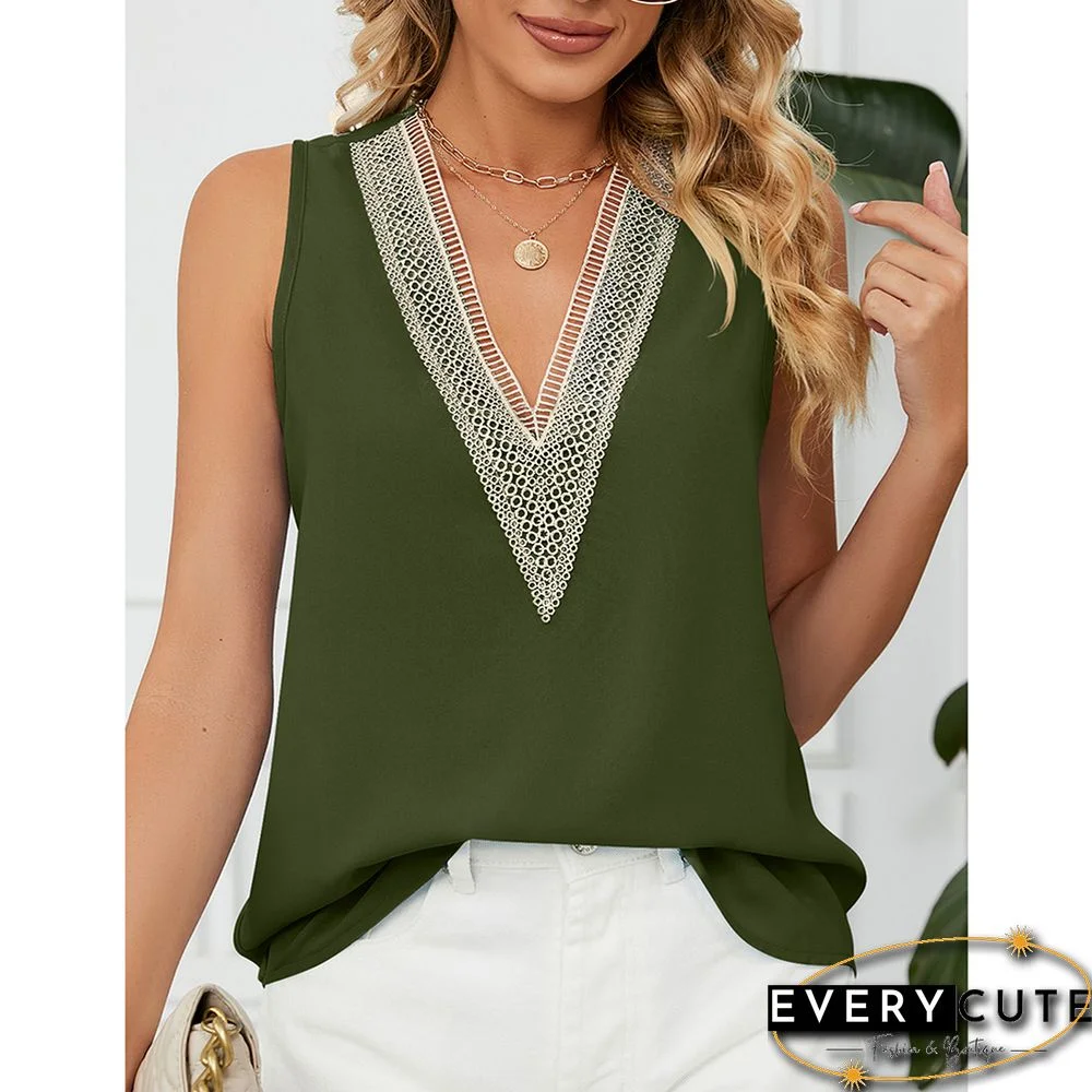 Army Green Lace Trim Sleeveless V Neck Tank Top