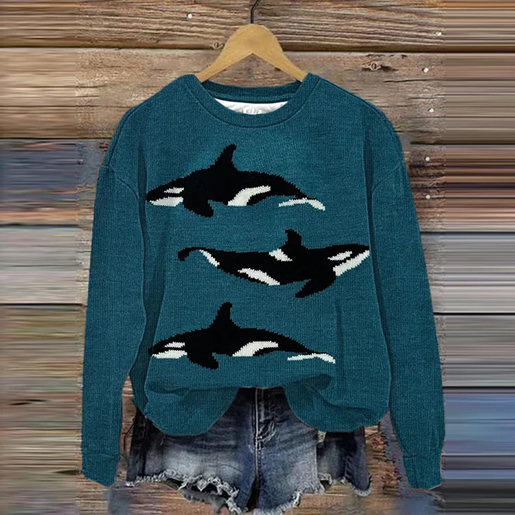 Women's Killer Whale Print Crew Neck Sweatshirt