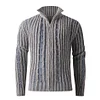 Men's Striped Cable Knit Turtleneck Sweater Zipper Cardigan by Inlyline