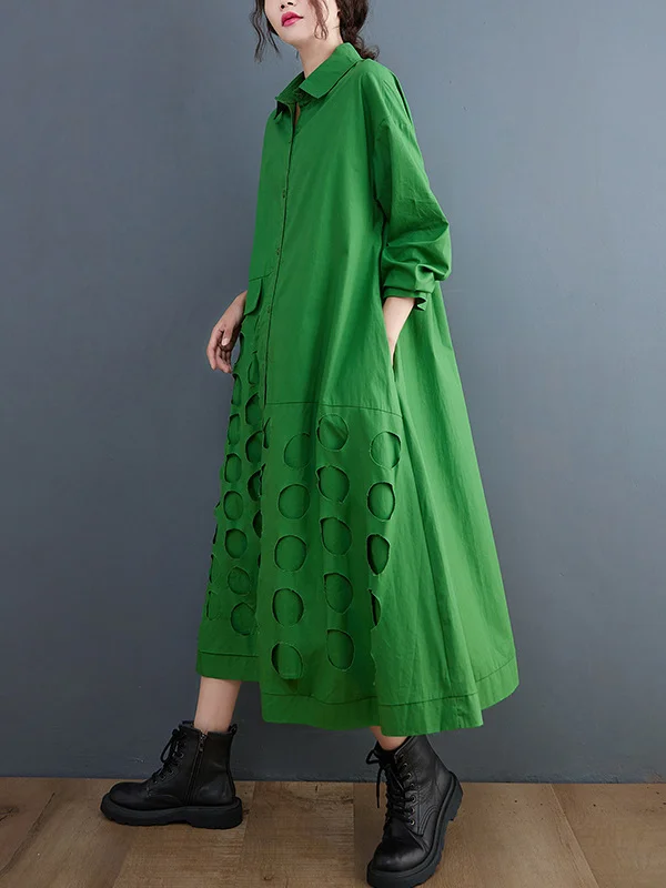 Solid Color Polka-Dot Hollow Asymmetric Loose Long Sleeves Lapel Midi Dresses