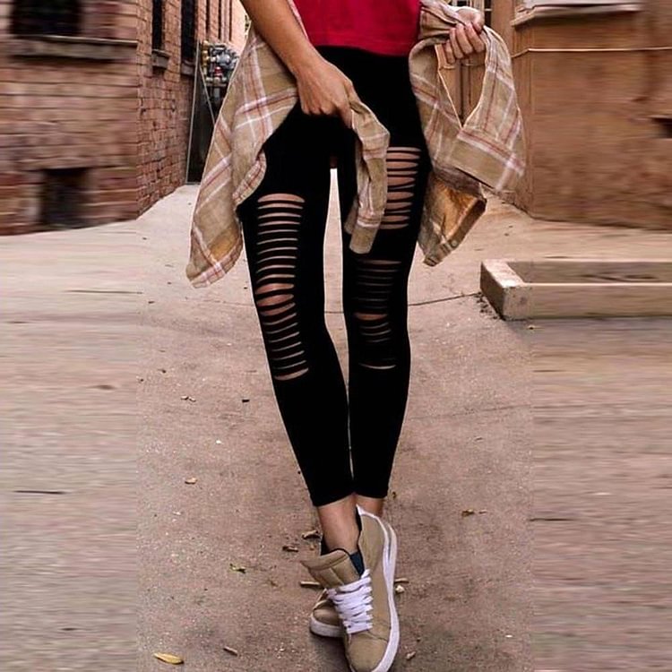 New Spring Autumn Woman Pants Vintage Striped hole Streetwear Pencil Pants Sexy Black high waist leggin For Women Clothing 2020
