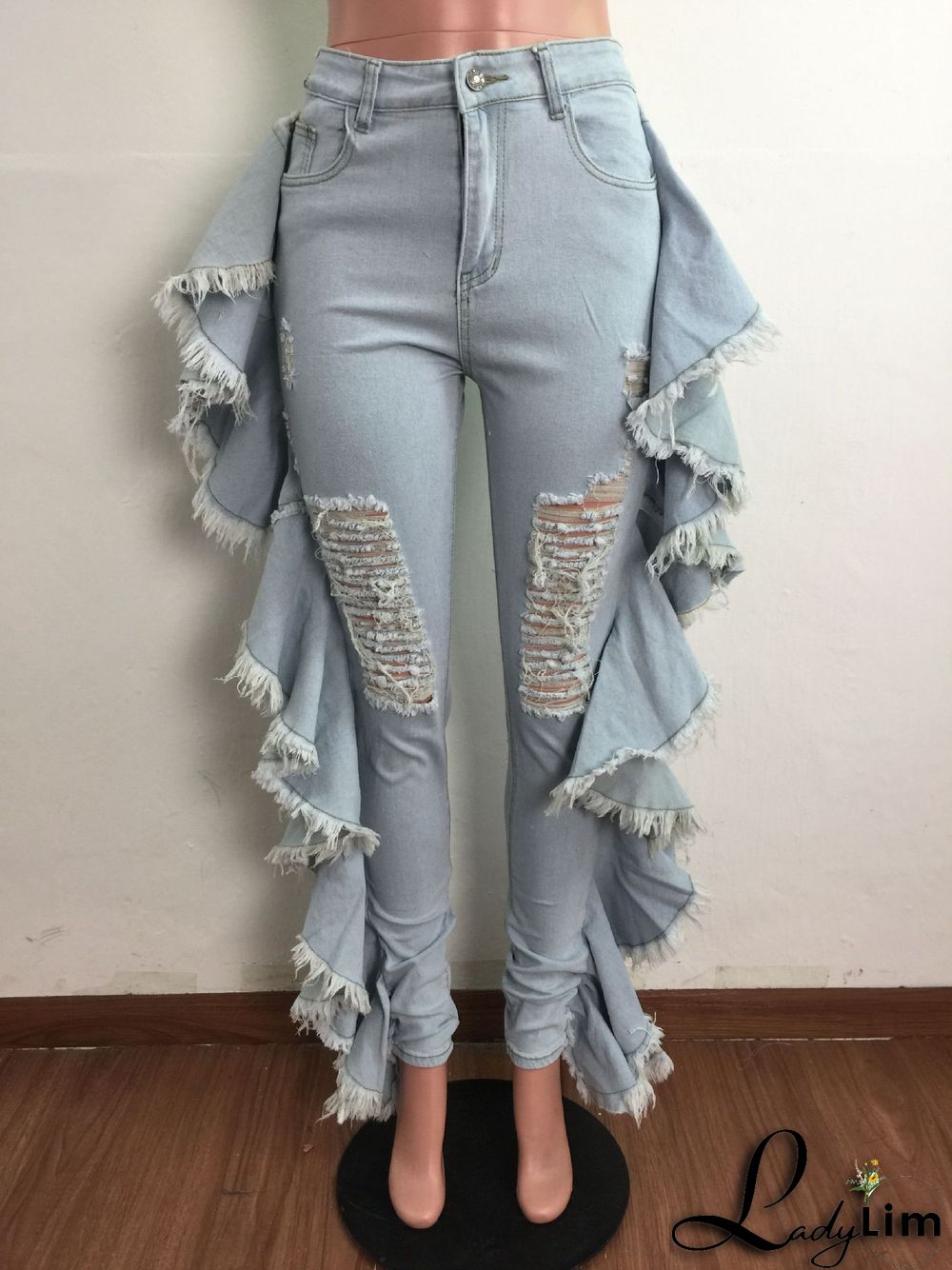 Slim-fit Sexy Stretch Jeans With Ruffled Fringe And Shredded Holes