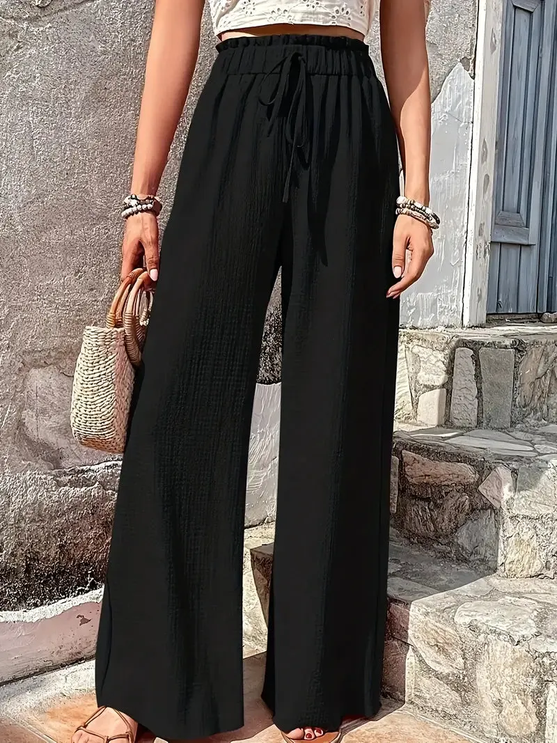Brownm Color Casual Drawstring High Waist Pants