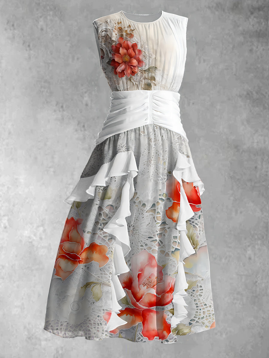 Vintage Lace Floral Art Print Round Neck Sleeveless Maxi Dress