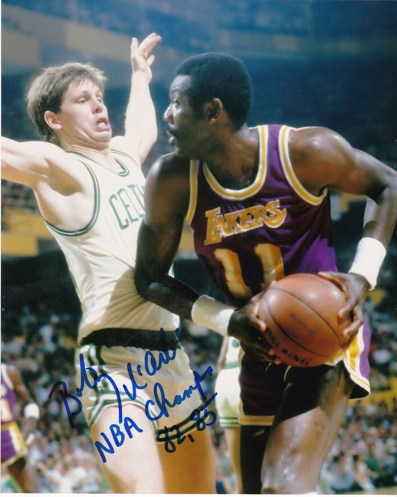 BOB MCADOO LOS ANGELES LAKERS NBA CHAMPS 82,85 ACTION SIGNED 8x10