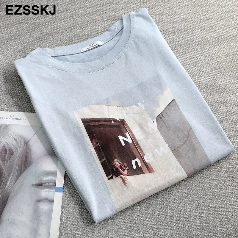 Pure cotton t-shirt women's summer ins short-sleeved 2021 new sanding bottoming shirt  loose printed t-shirt top