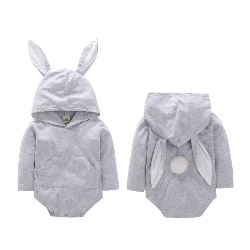 2020 Brand New 0-24M Newborn Infant Baby Boy Girl Easter Bodysuit Longsleeve Solid Color Bunny Ear Hooded Tail Jumpsuit Playsuit