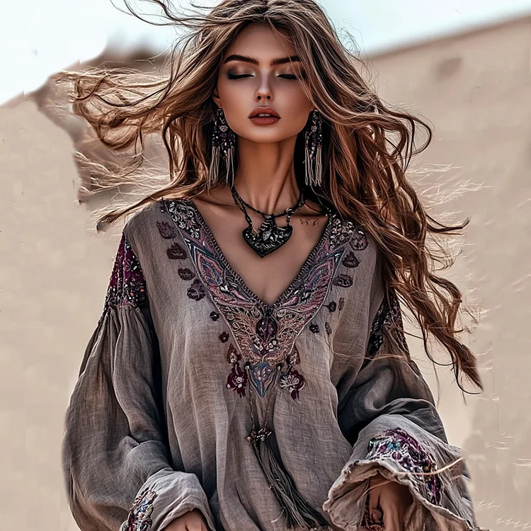 Boho Floral Embroidery Art Cotton And Linen Blend Blouse