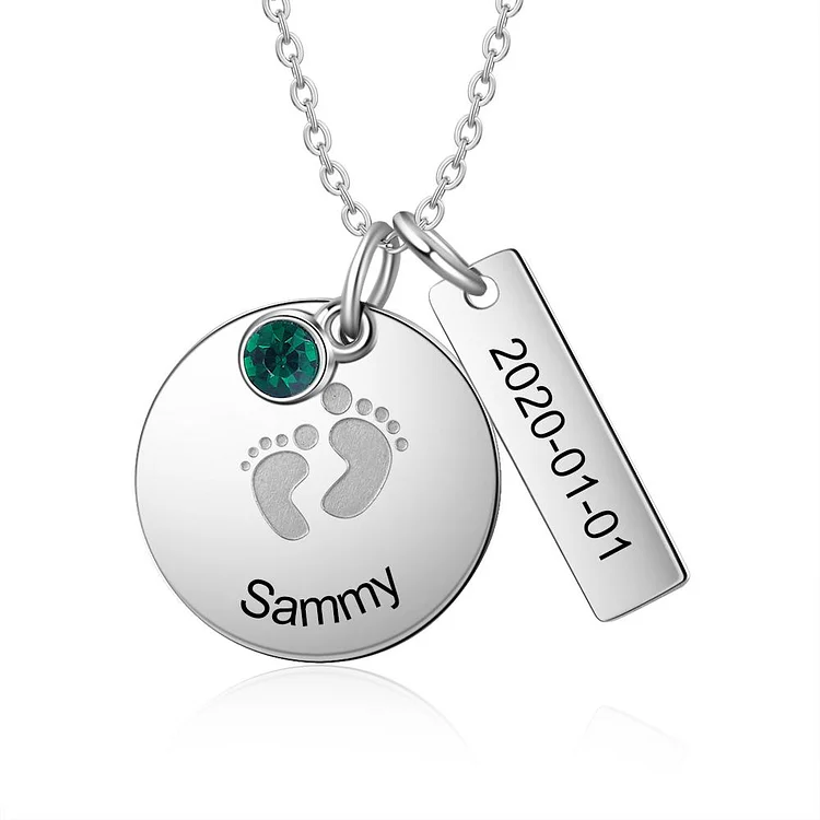 Baby Feet Necklace Engraving Kid's Name with Birthstone Gifts for Mother