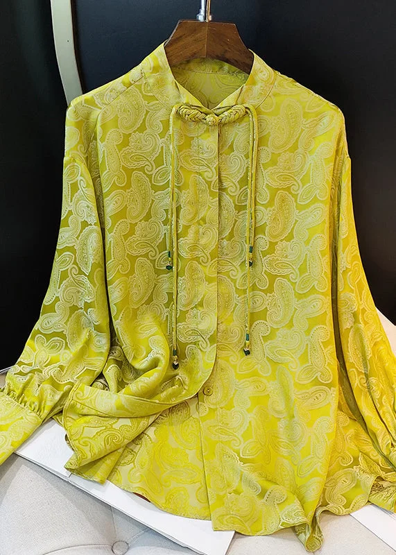 Fine Yellow Stand Collar Jacquard Silk Blouses Long Sleeve