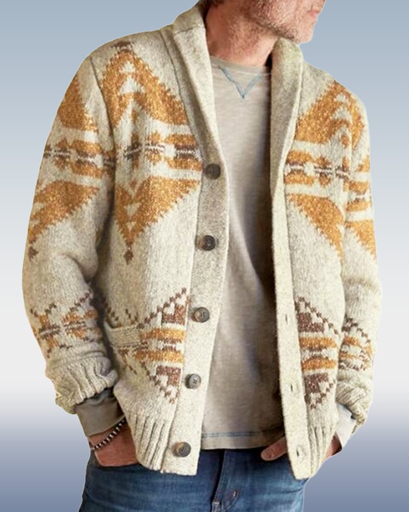 Men's Khaki Lapel Long Sleeve Jacquard Knit Sweater
