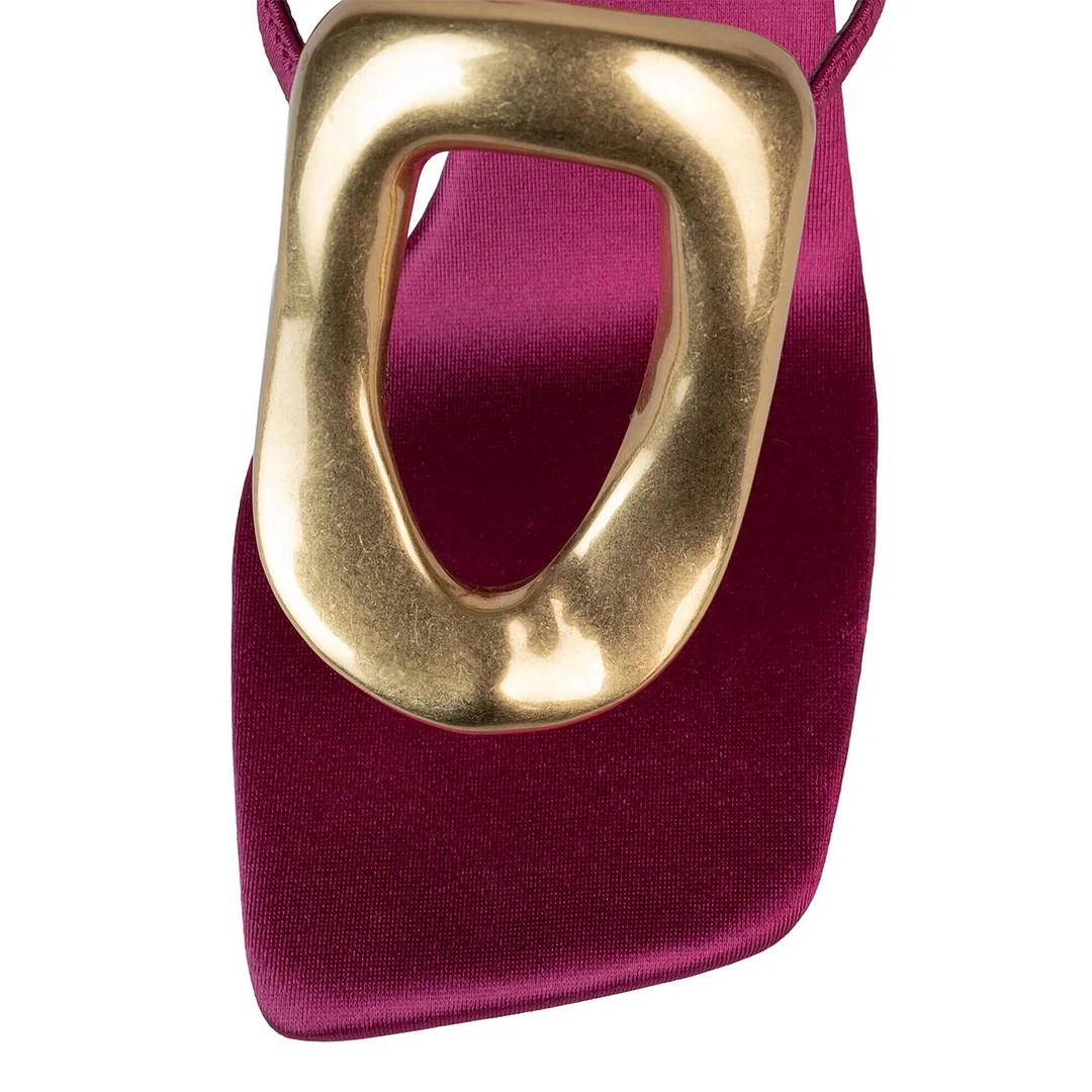 Fuchsia Satin Square Toe Gold Buckle Sandals with Wedge Heels