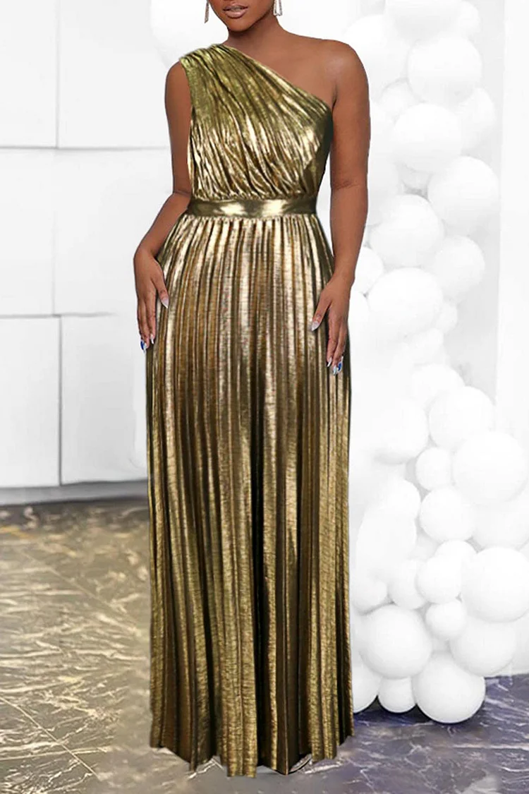 Plus Size Gold Prom One Shoulder Oblique Collar Pleated Maxi Dress