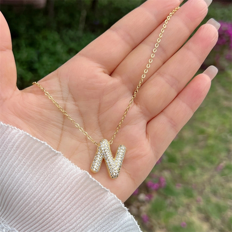 Copper 18K Gold Plated Hip-Hop Minimalist Classic Style Polishing Inlay Letter Zircon Pendant Necklace