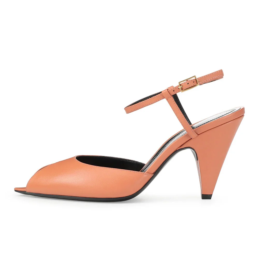 Women's Orange Peep Toe Cone Heel Ankle Strap Sandals with Buckle