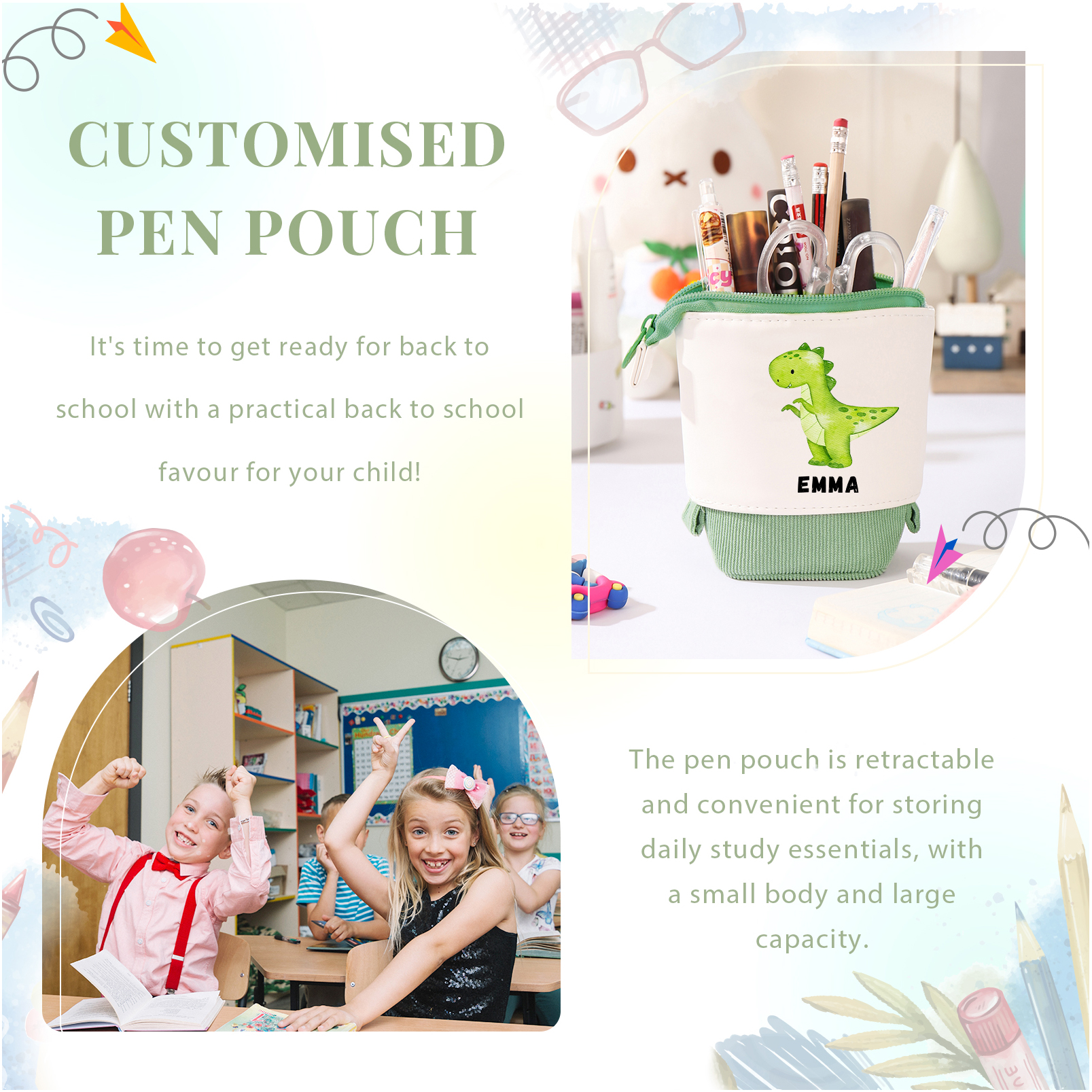 Personalised Pencil Case Custom Name & Dinosaur Pattern Pen Pouch Back To School Gift for Boys Girls-Jessemade AU