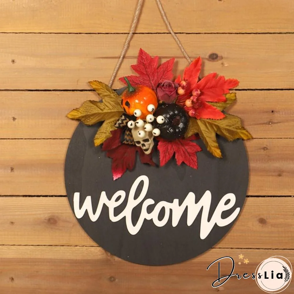 Wooden Door Sign Skull Pumpkin Wreath Wall Hanger Decor For Halloween