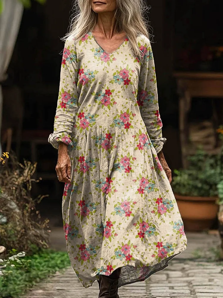 Women's Vintage Lovely Floral Art Print Pocket Cotton Dress
