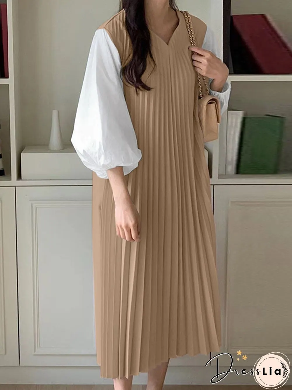 Patchwork Pleats V Neck Lantern Sleeve Casual Dress