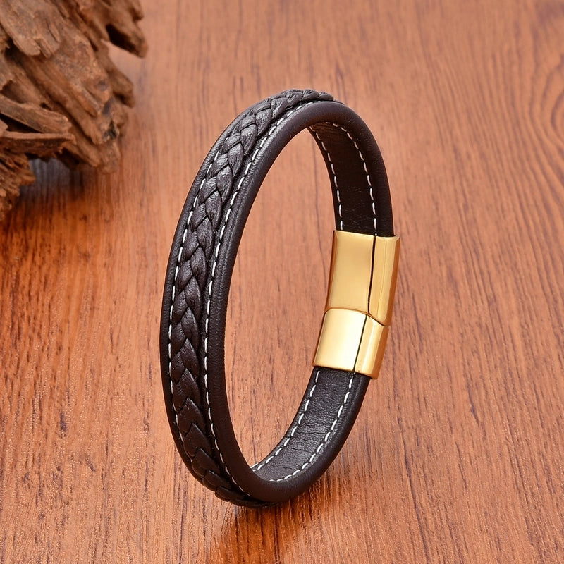 Minimalist Classic Style Commute Solid Color 316L Stainless Steel Leather Rope Unisex Bracelets