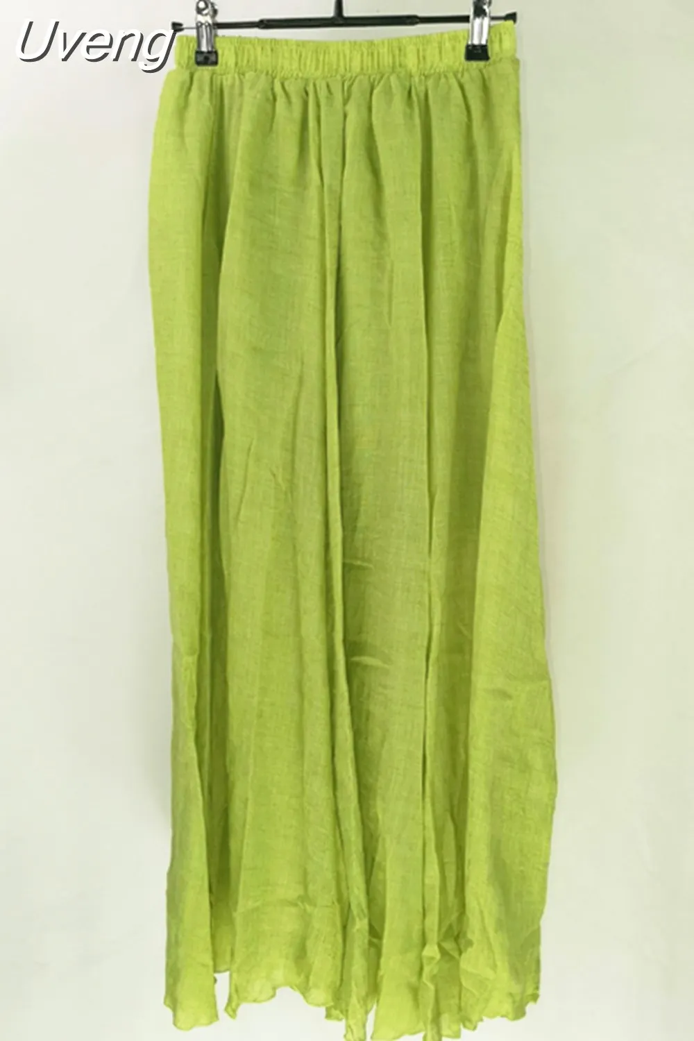 Uveng Women's Elegant 16 Color High Waist Elastic Waist Linen Pleated Long Skirts Ladies Slim Casual Skirt Saias New 2023 Summer SK05