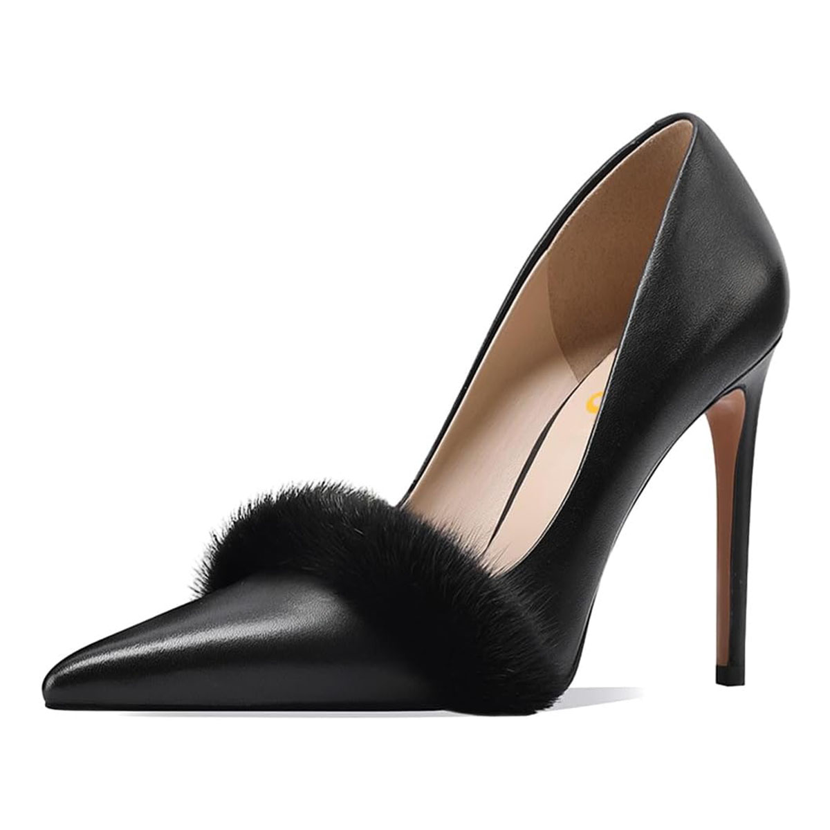 Black Vegan Leather Pointed Toe Fuzzy Decor Slip-On Pumps Heels Nicepairs