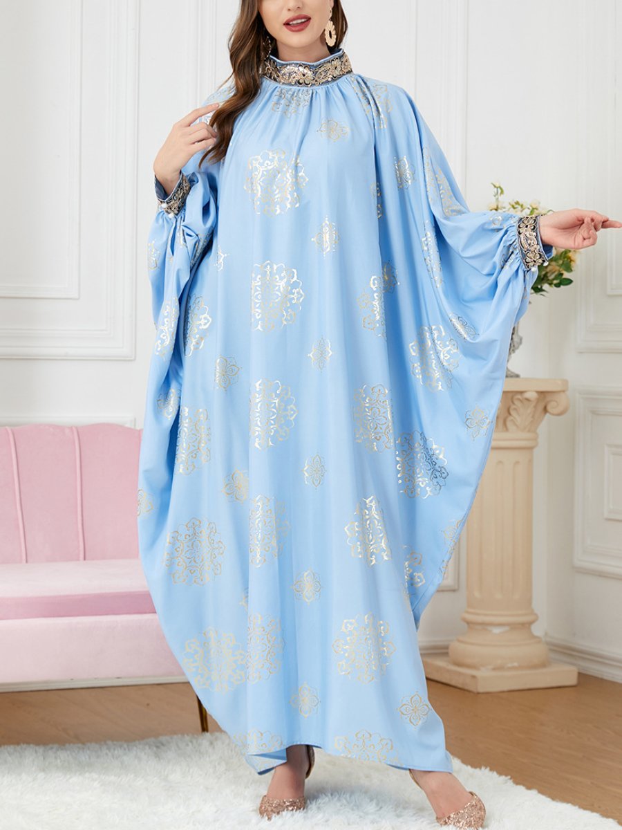 Embroidery Stand Collar Bat Sleeves Golden Print Elegant Gown | Oxredo Shop Ramadan Sale