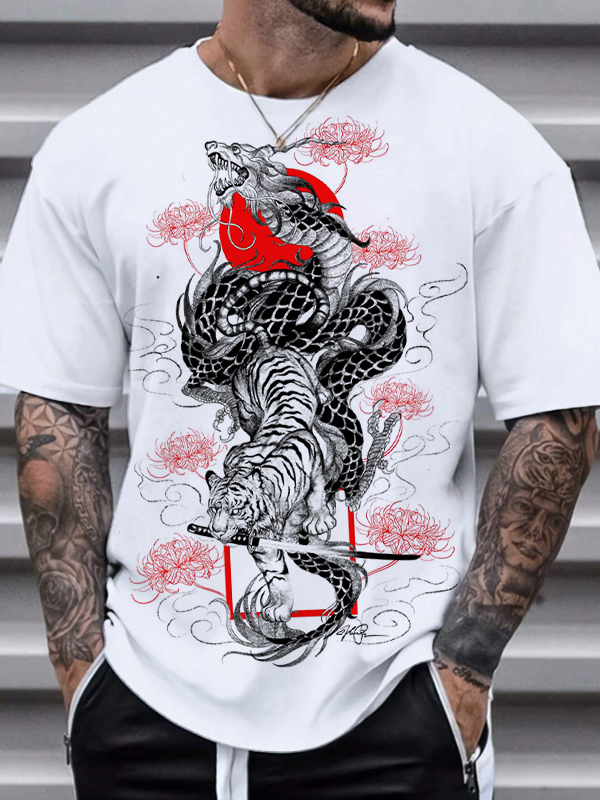 Men's Dragon And Tiger Japanese Art Print T-Shirt