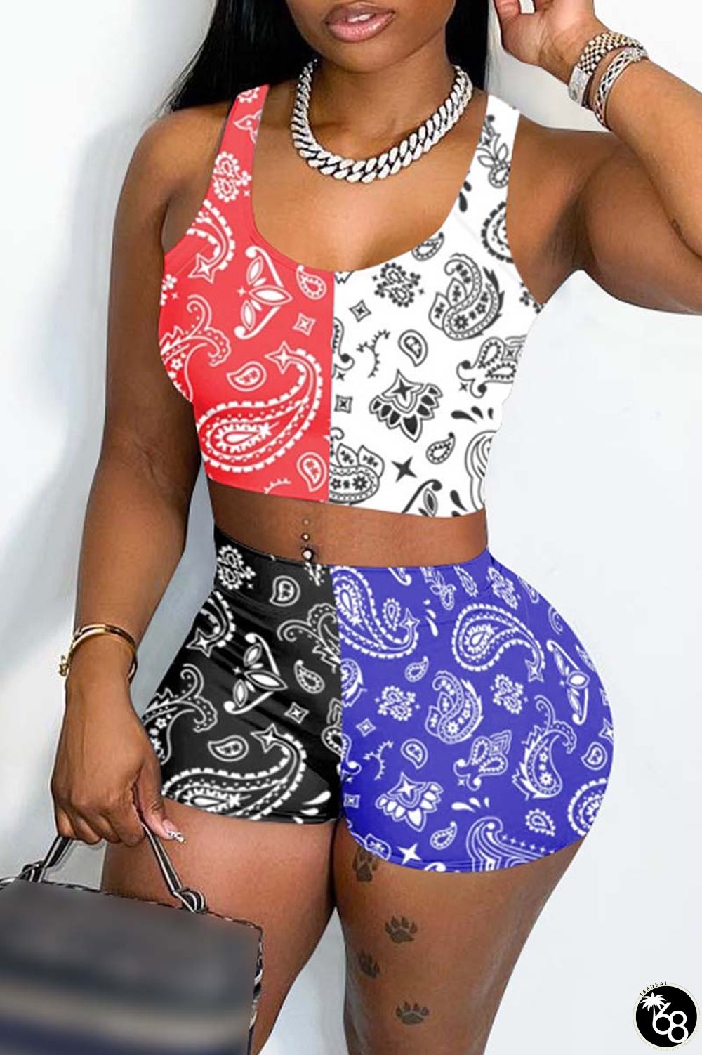 Red White Casual Print Basic U Neck Sleeveless Two Pieces | 168DEAL